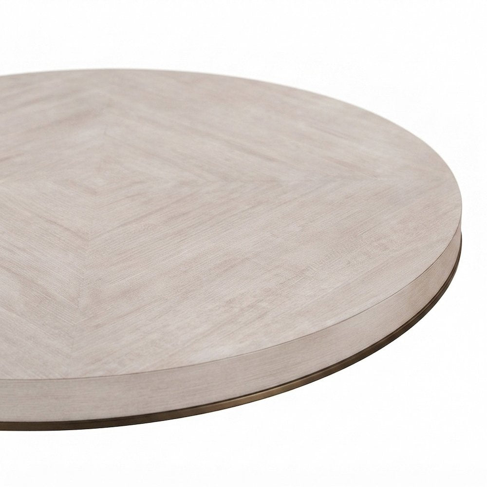Anigre Veneer Round Dining Table with Satin Bronze Metal Trim, Silver Fox/Otter
