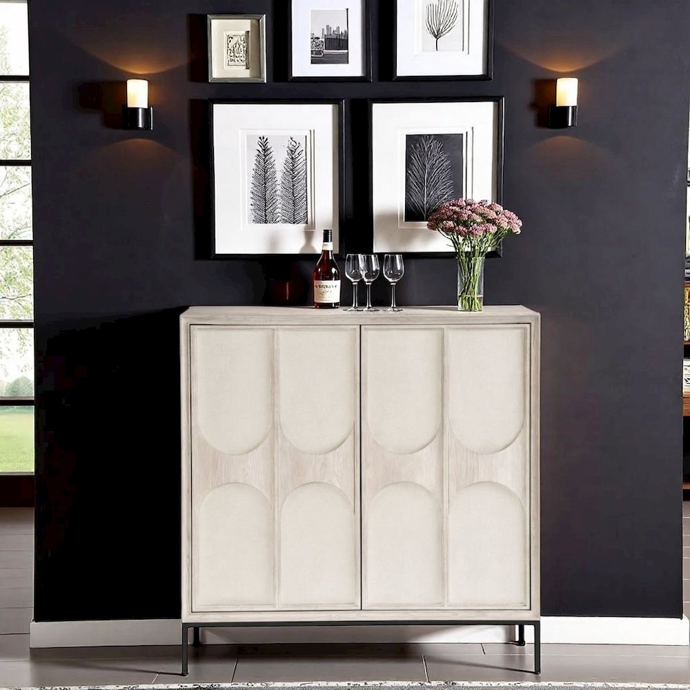 Gray Wood Bar Cabinet with Wine Storage and Pull-Out Work Surface
