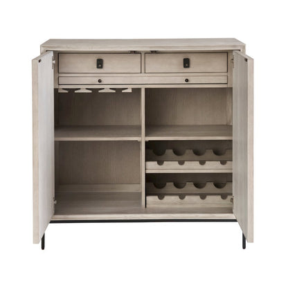 Gray Wood Bar Cabinet with Wine Storage and Pull-Out Work Surface