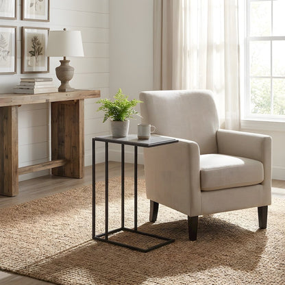 Metal and Stone Side Table with Inset Stone Top and Matte Finish for Living Room