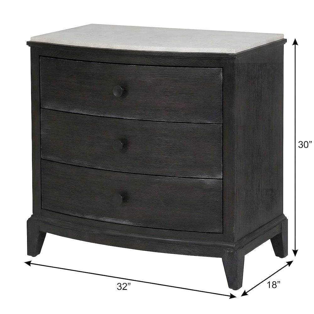 Oak Nightstand with Three Drawers, Stone Top, and USB Outlets with Storage