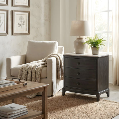 Oak Nightstand with Three Drawers, Stone Top, and USB Outlets with Storage