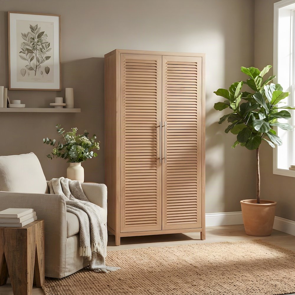 Utility Storage Cabinet with Louvered Doors and Felt-Lined Drawers, Sand Dune