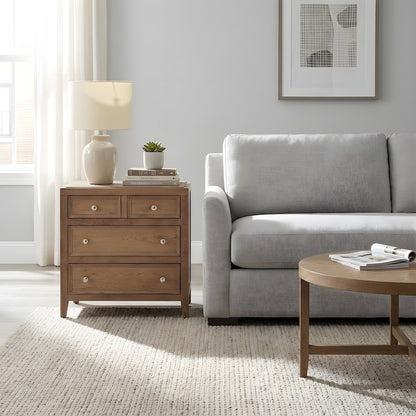 Hardwood Veneer Nightstand with Three Drawers and USB Outlets with Storage