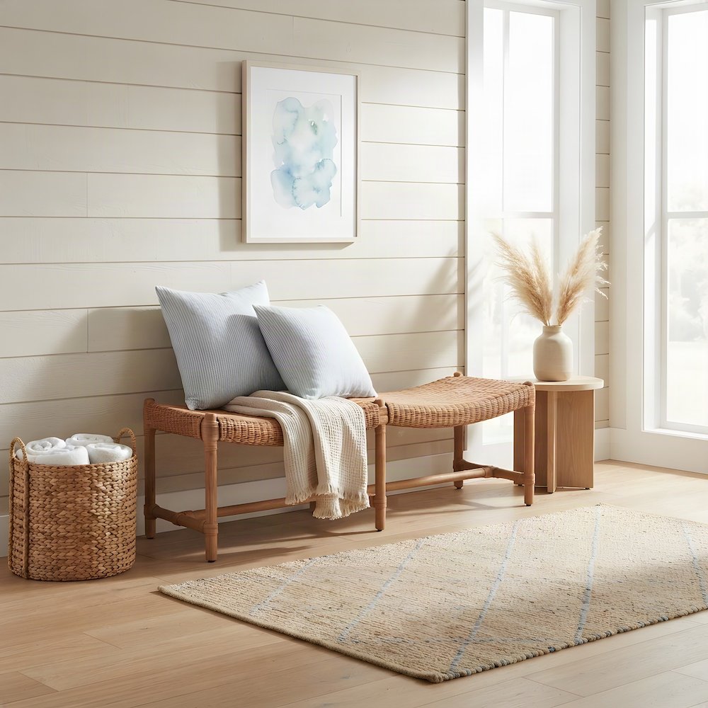 Rattan Bench with Woven Wicker Seat and H-Stretcher, Natural Rattan