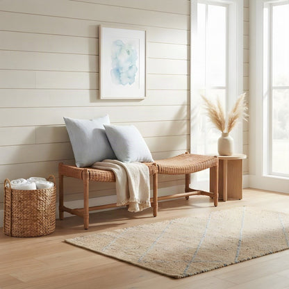 Rattan Bench with Woven Wicker Seat and H-Stretcher, Natural Rattan