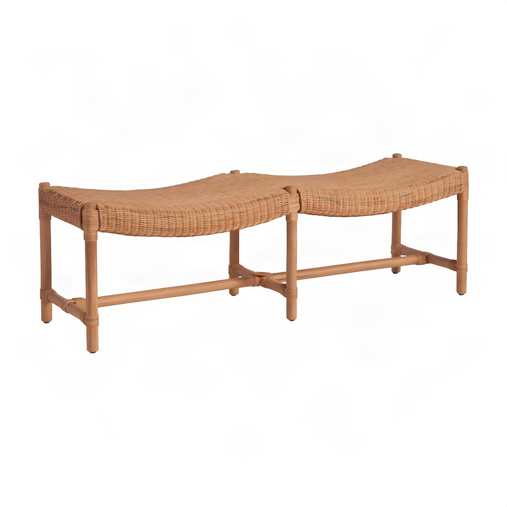 Rattan Bench with Woven Wicker Seat and H-Stretcher, Natural Rattan
