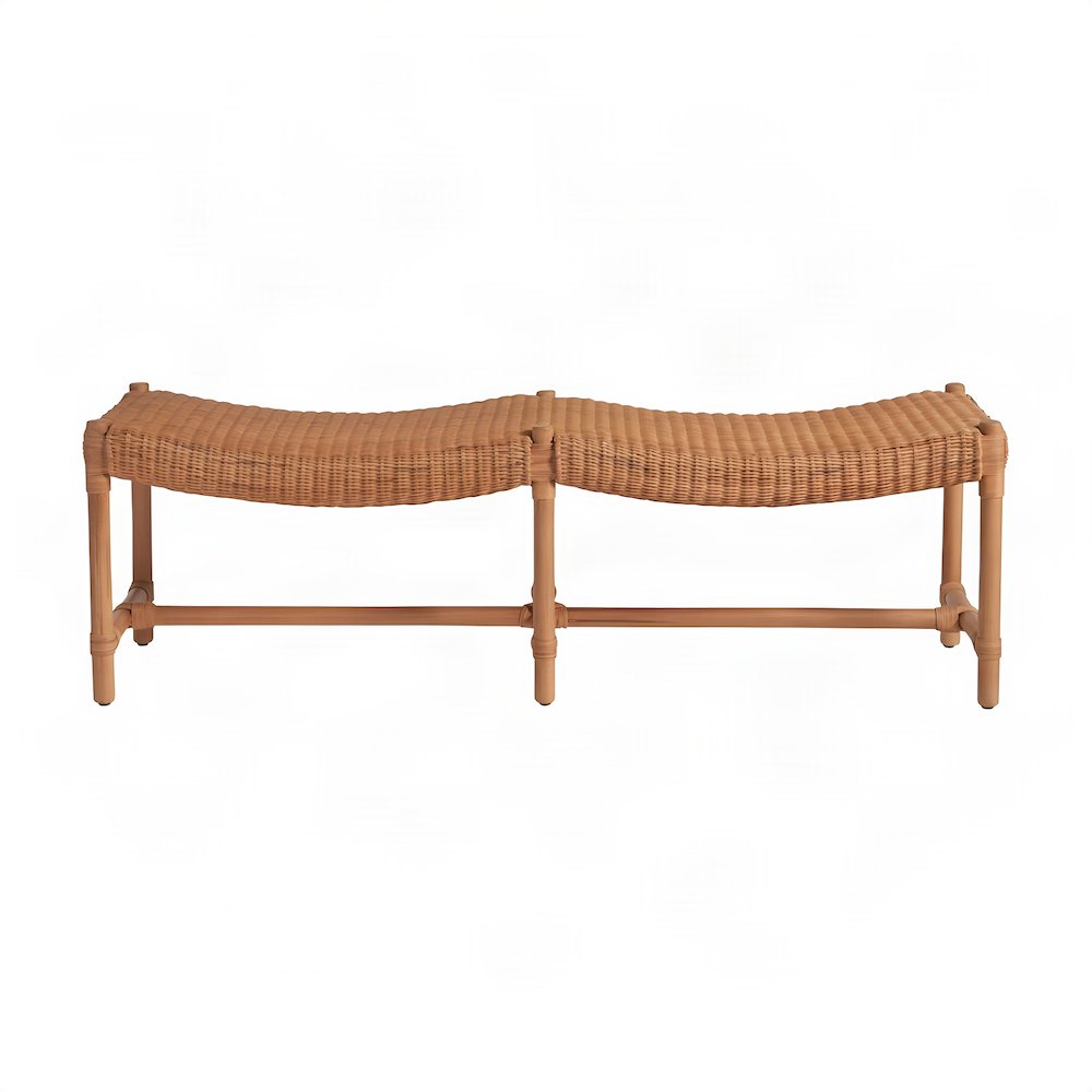 Rattan Bench with Woven Wicker Seat and H-Stretcher, Natural Rattan