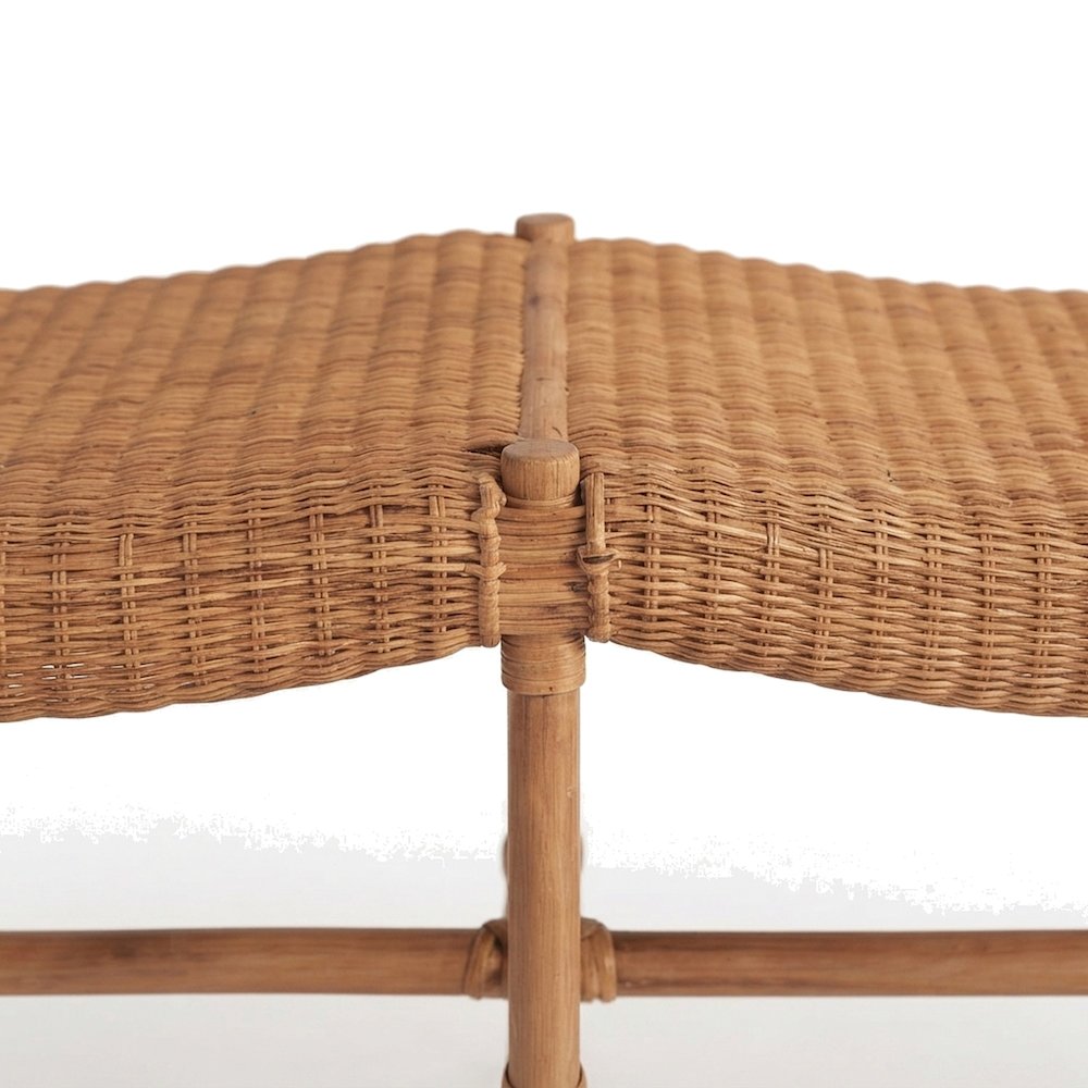 Rattan Bench with Woven Wicker Seat and H-Stretcher, Natural Rattan