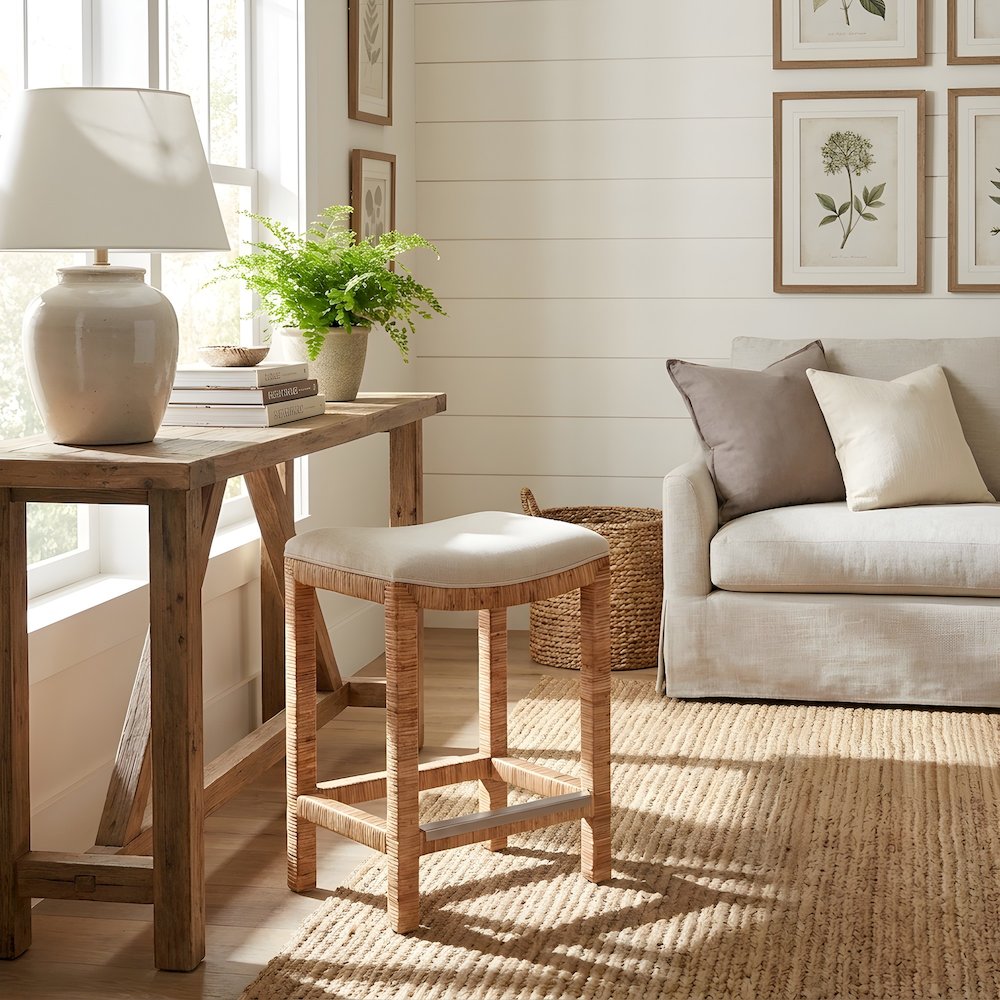 Polyester-Upholstered Console Stool with Split Rattan and Crypton Fabric