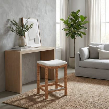 Polyester-Upholstered Console Stool with Split Rattan and Crypton Fabric