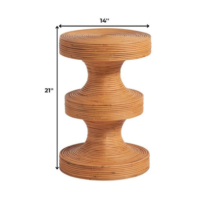 Brown Rattan Accent Table – Boho Round Pedestal Table with Natural Finish