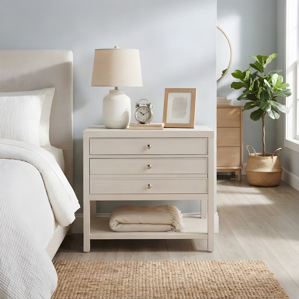 Wood Nightstand with Two Soft-Close Drawers and Open Shelf, White Sand