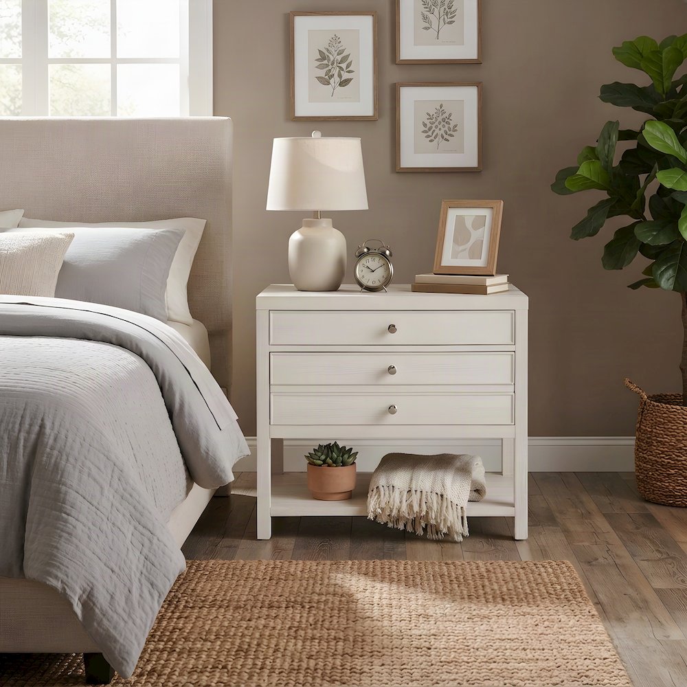 Wood Nightstand with Two Soft-Close Drawers and Open Shelf, White Sand