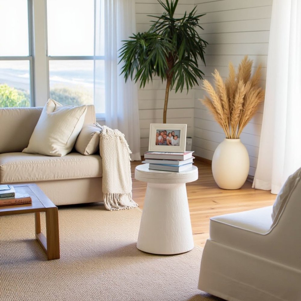 White Stone Accent Table with Honed Top – Round Outdoor or Living Space Piece