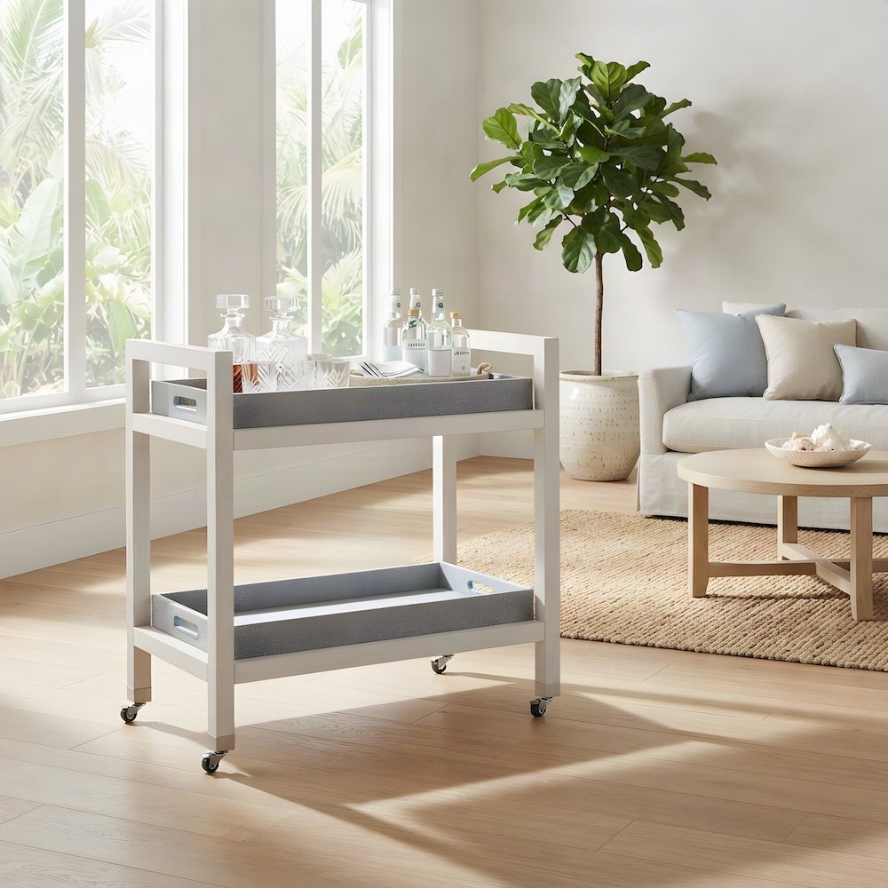 Solid Wood Bar Cart with Removable Seagrass Trays and Swivel Casters