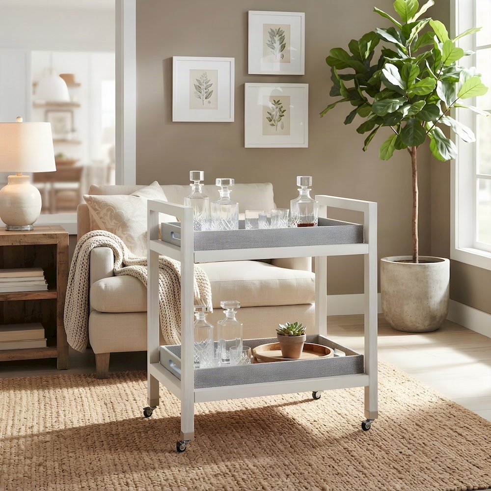 Solid Wood Bar Cart with Removable Seagrass Trays and Swivel Casters