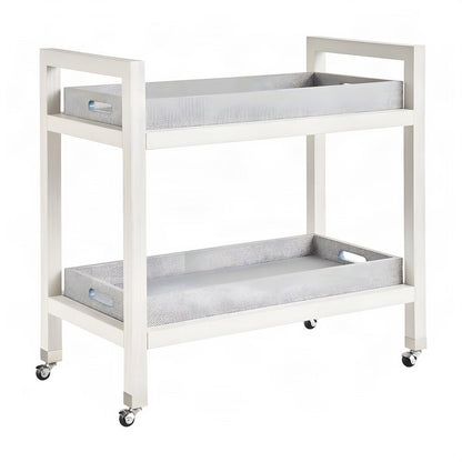 Solid Wood Bar Cart with Removable Seagrass Trays and Swivel Casters