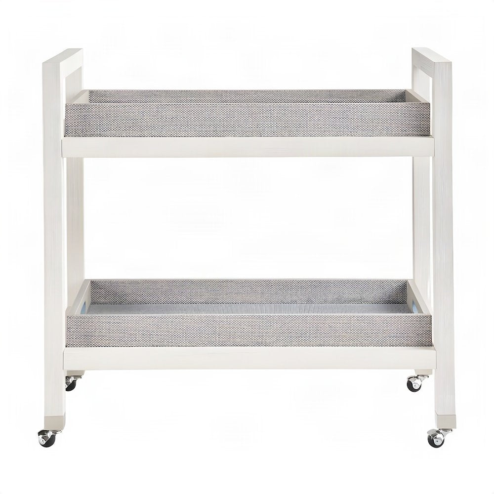Solid Wood Bar Cart with Removable Seagrass Trays and Swivel Casters