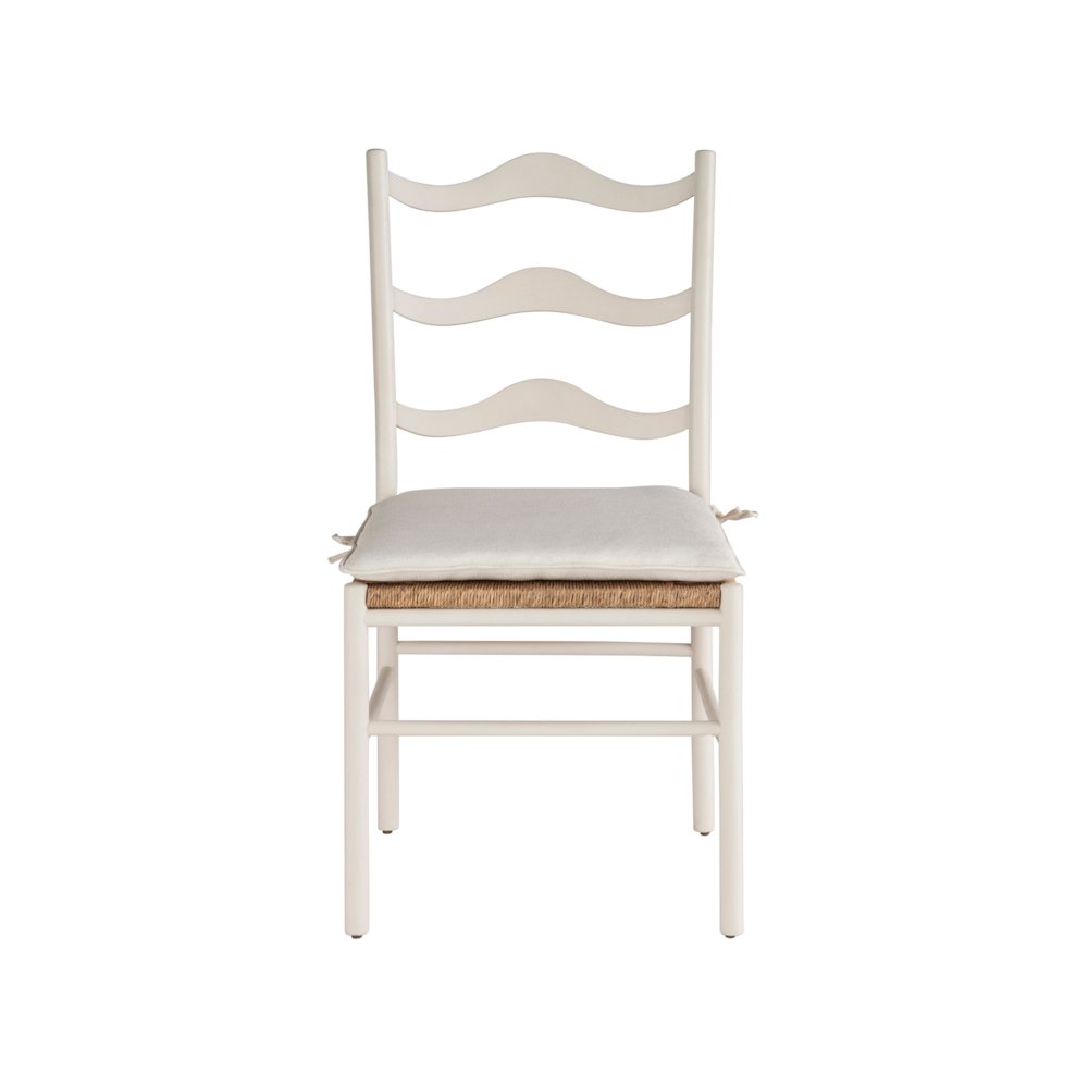 White Wooden Dining Chairs with Rattan Seat and Linen Upholstery