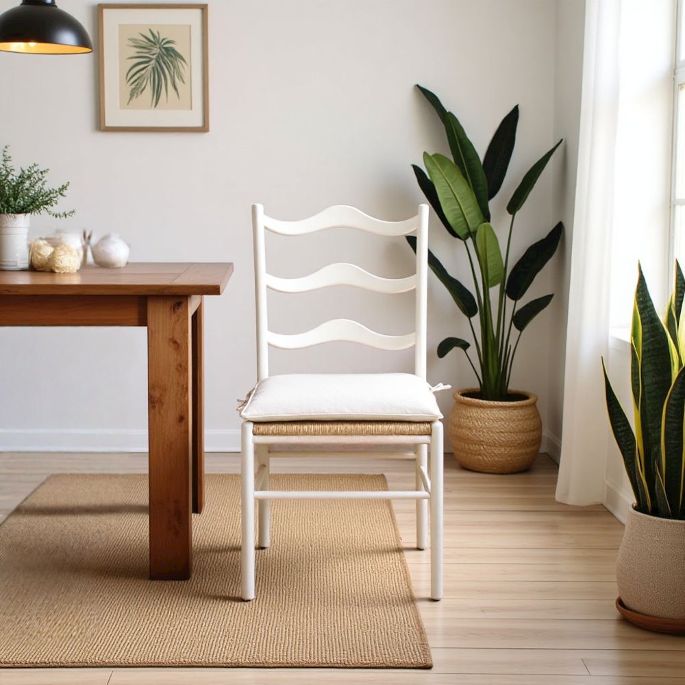 White Wooden Dining Chairs with Rattan Seat and Linen Upholstery