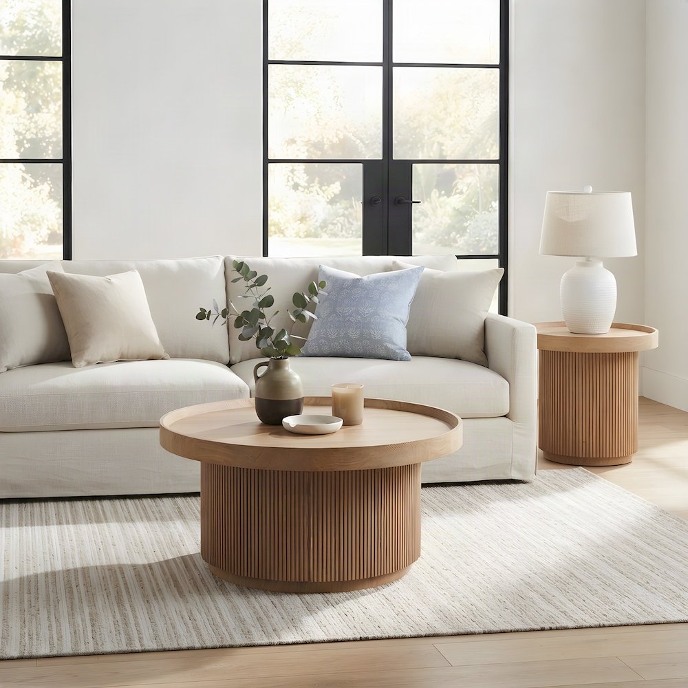 Veneer Round Coffee Table with Tambour-Wrapped Base and Casters, Natural Oak