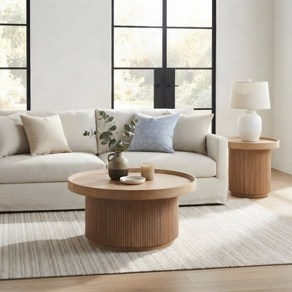 Veneer Round Coffee Table with Tambour-Wrapped Base and Casters, Natural Oak