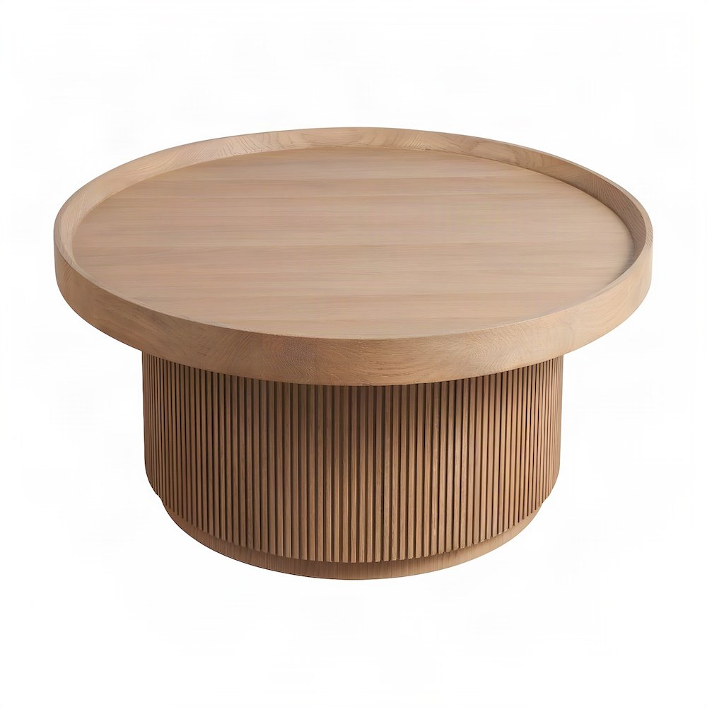 Veneer Round Coffee Table with Tambour-Wrapped Base and Casters, Natural Oak