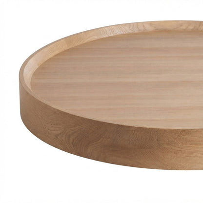 Veneer Round Coffee Table with Tambour-Wrapped Base and Casters, Natural Oak