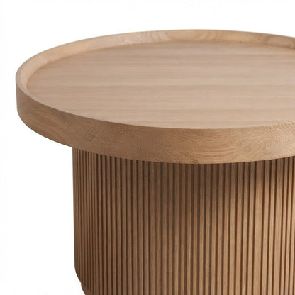 Veneer Round Coffee Table with Tambour-Wrapped Base and Casters, Natural Oak
