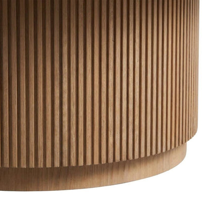 Veneer Round Coffee Table with Tambour-Wrapped Base and Casters, Natural Oak