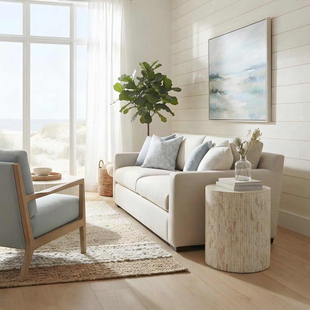 Modern Round Side Table with Organic Ridged Fluted End Table, Natural Bone