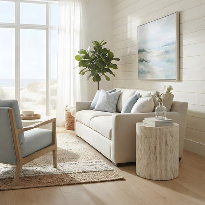 Modern Round Side Table with Organic Ridged Fluted End Table, Natural Bone