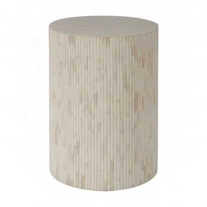 Modern Round Side Table with Organic Ridged Fluted End Table, Natural Bone