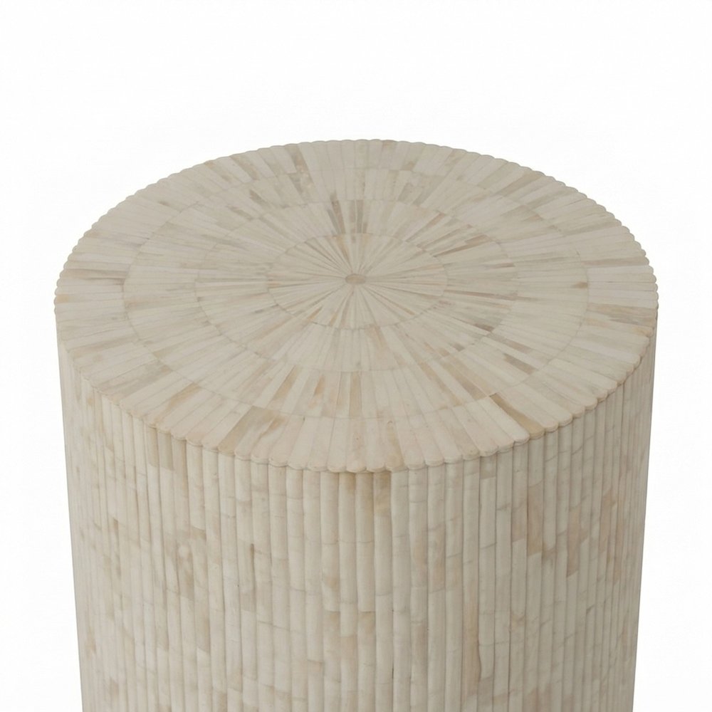 Modern Round Side Table with Organic Ridged Fluted End Table, Natural Bone