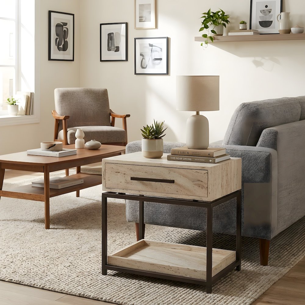 Modern Stone Nightstand with Drawer, Touch Latch, and Built-In Outlets