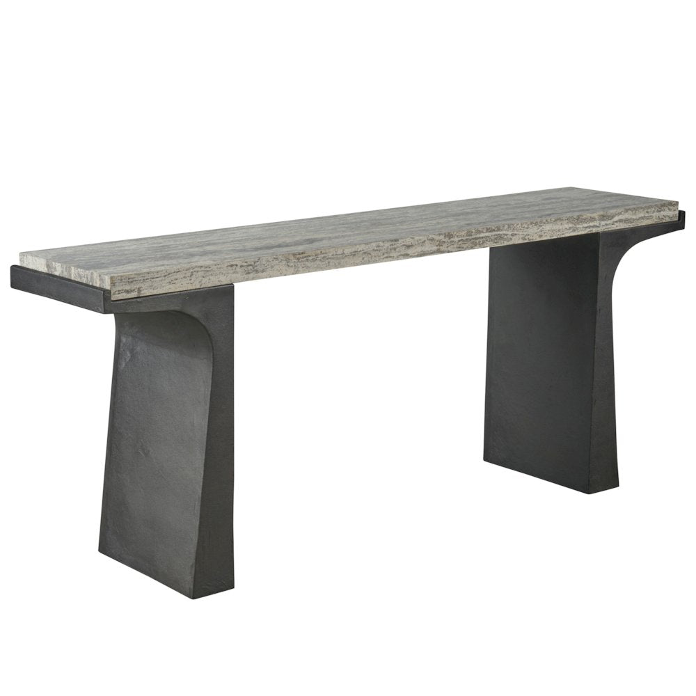 Quill Console Table In White Travertine/Dark Bronze Color
