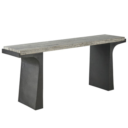 Quill Console Table In White Travertine/Dark Bronze Color