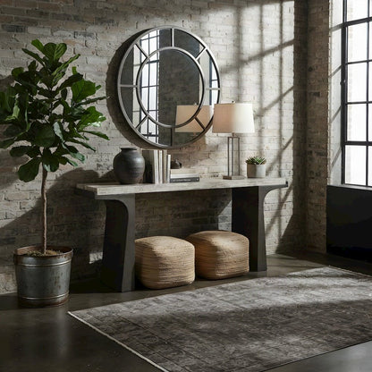 Travertine Top Console Table with Cast Aluminum Pedestal Base