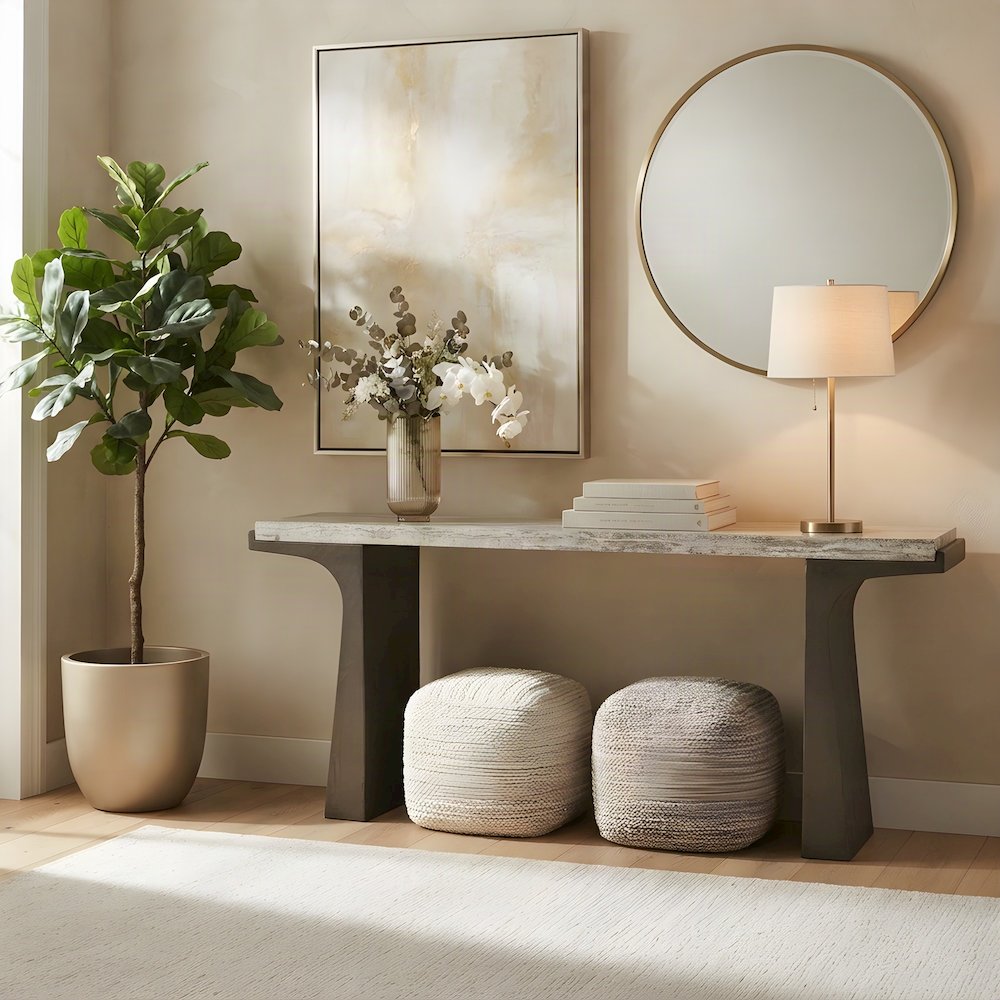 Travertine Top Console Table with Cast Aluminum Pedestal Base