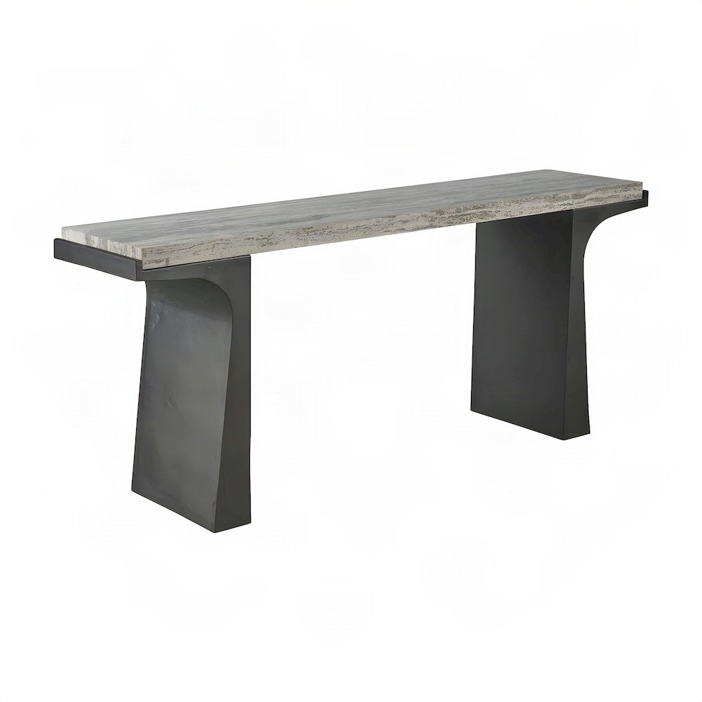 Travertine Top Console Table with Cast Aluminum Pedestal Base
