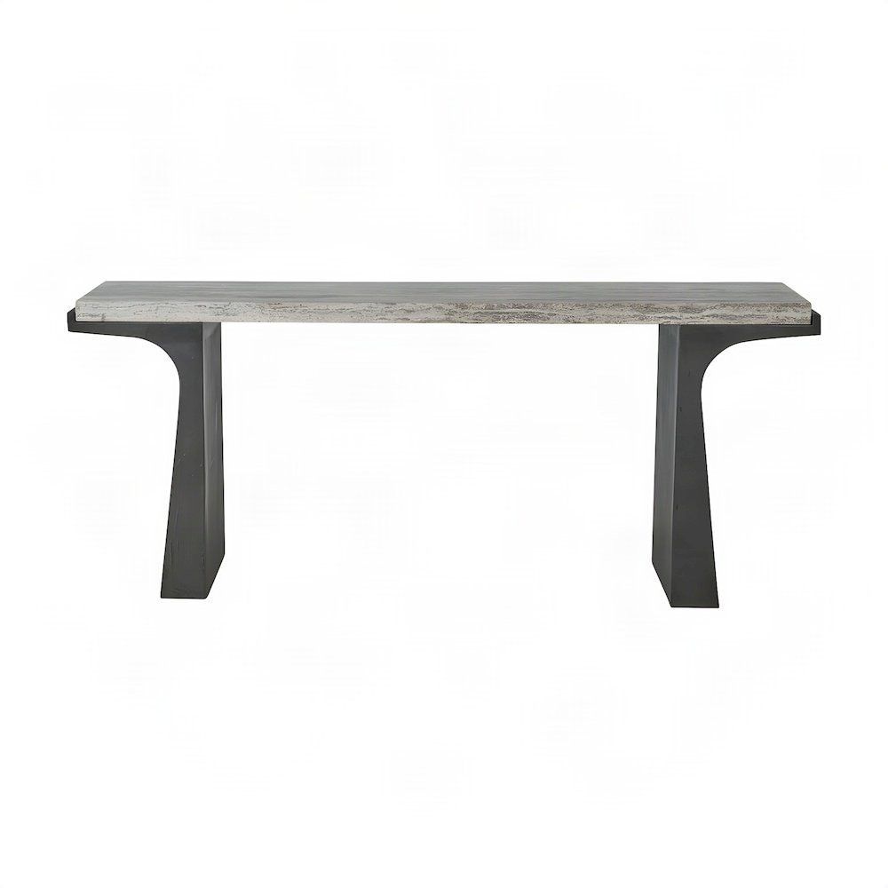 Travertine Top Console Table with Cast Aluminum Pedestal Base