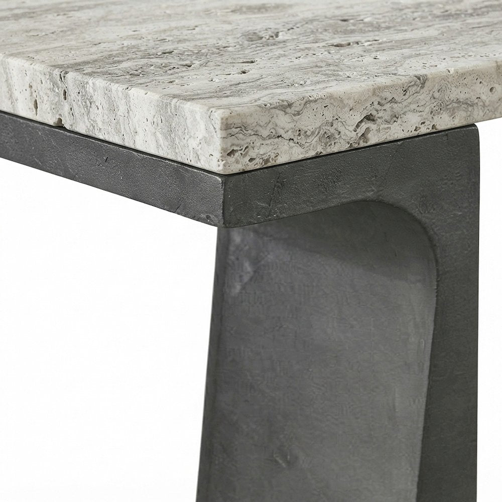 Travertine Top Console Table with Cast Aluminum Pedestal Base