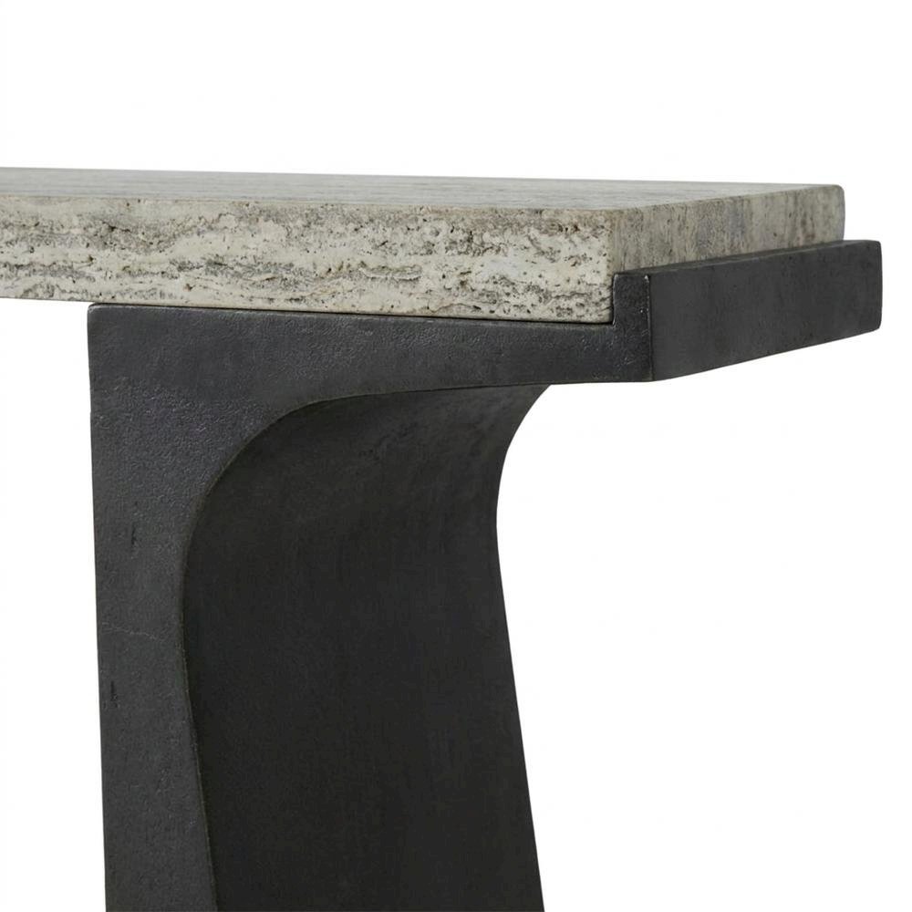 Travertine Top Console Table with Cast Aluminum Pedestal Base