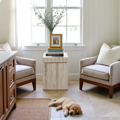 Natural Travertine Stone Accent Table with Honed Finish and Felt Pads
