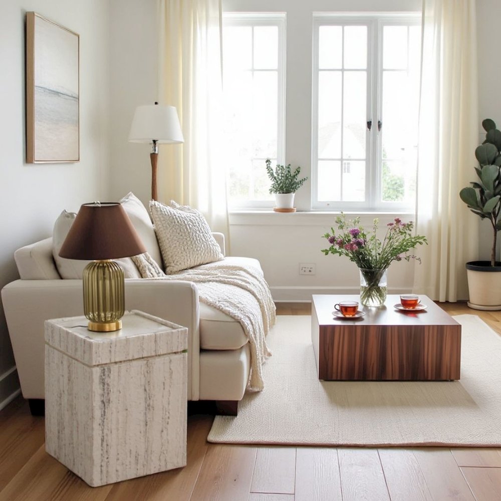 Natural Travertine Stone Accent Table with Honed Finish and Felt Pads