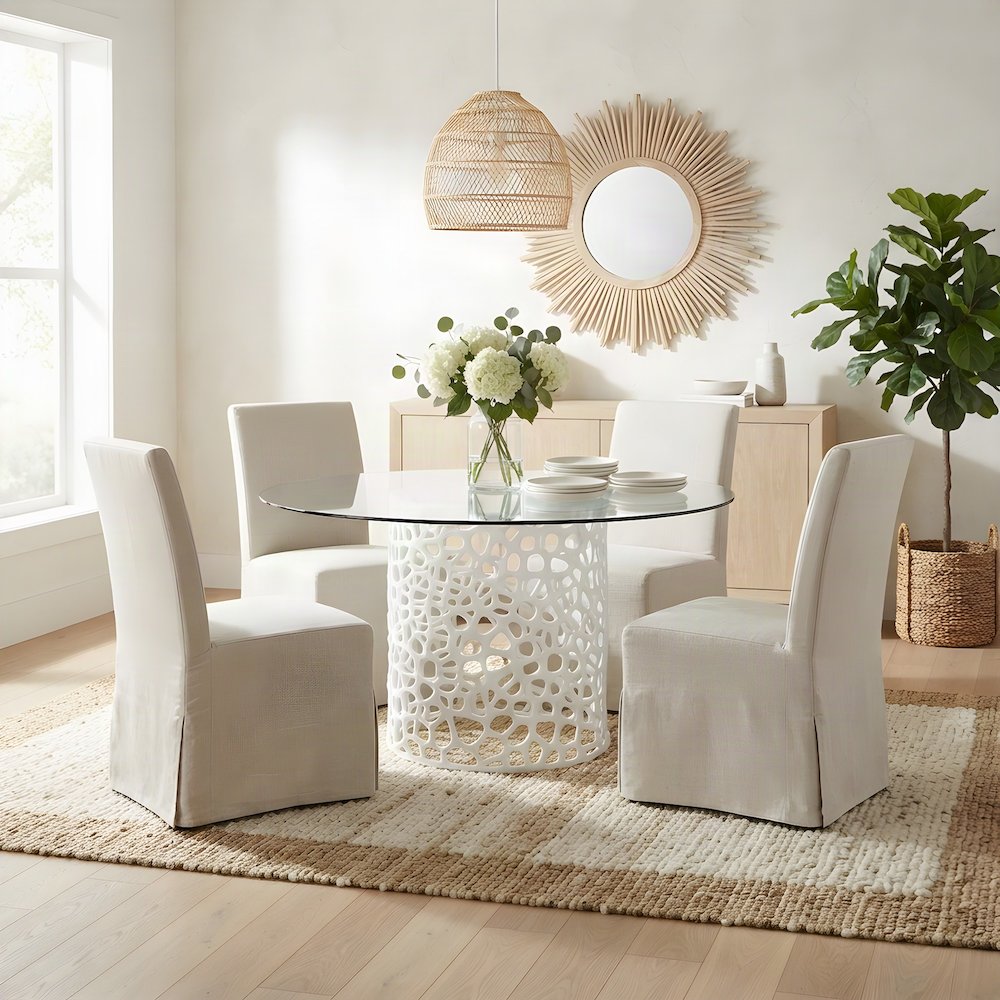 Metal Round Dining Table with Tempered Glass Top and Cast Aluminum Base, White