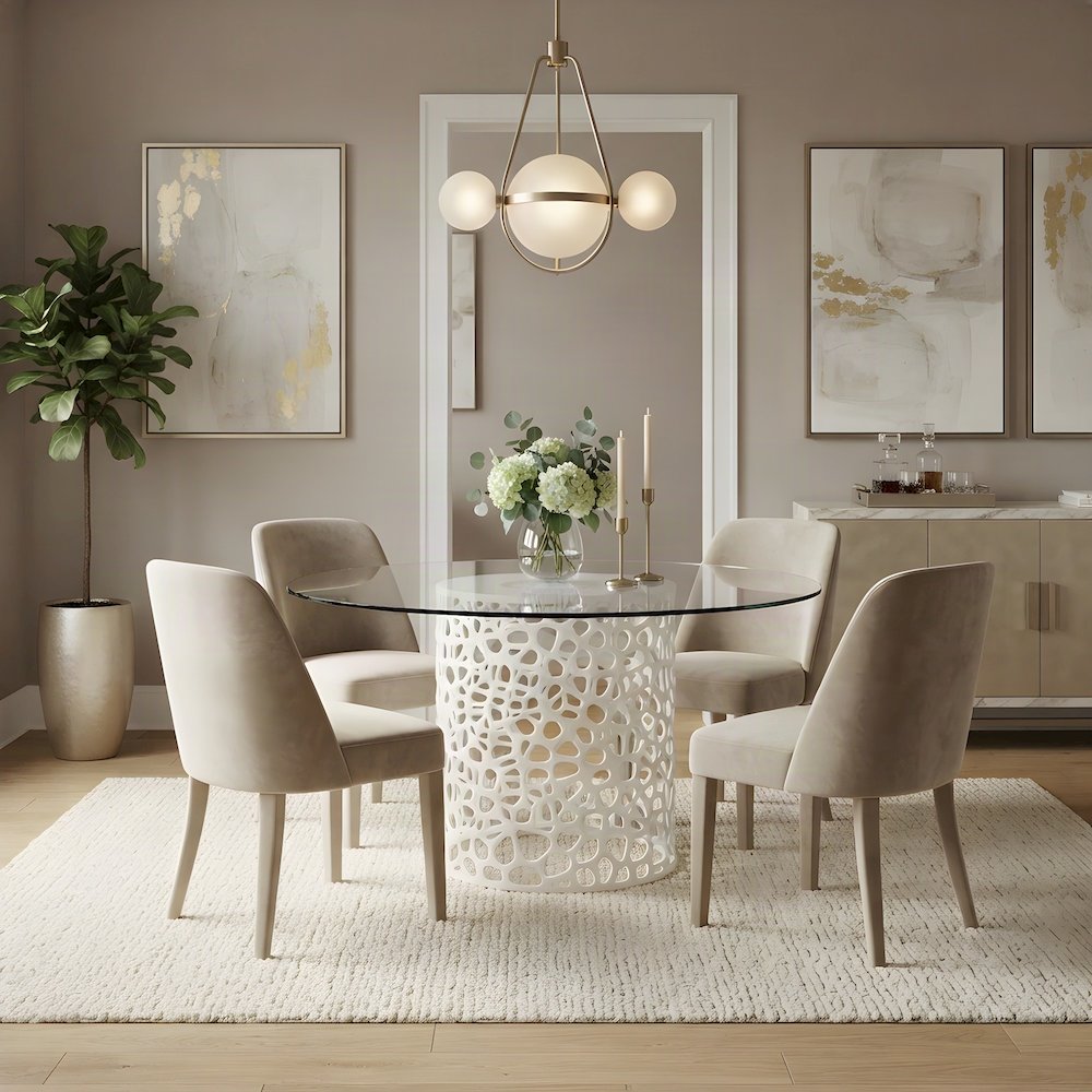 Metal Round Dining Table with Tempered Glass Top and Cast Aluminum Base, White