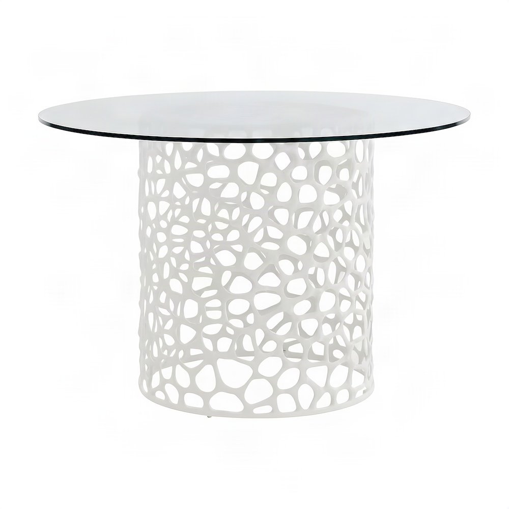 Metal Round Dining Table with Tempered Glass Top and Cast Aluminum Base, White