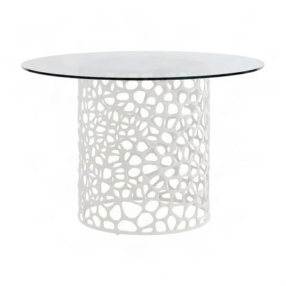 Metal Round Dining Table with Tempered Glass Top and Cast Aluminum Base, White